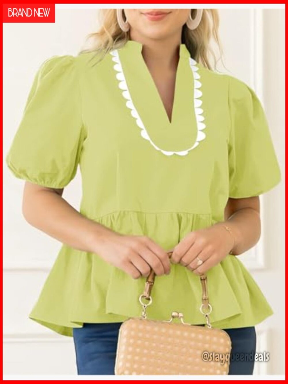 Puff Sleeve Peplum Blouse V Neck Babydoll Top Loose Fit - Picture 4 of 7